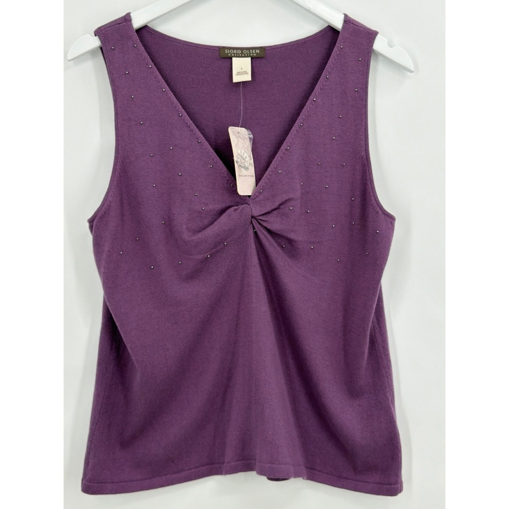 Sigrid Olsen Silk Cashmere Blend Studded Twistβ Front Sweater Tank Grape Jam L